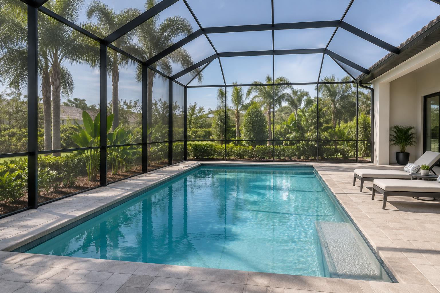 Daylight over a swimming pool inside a clean framed screen enclosure